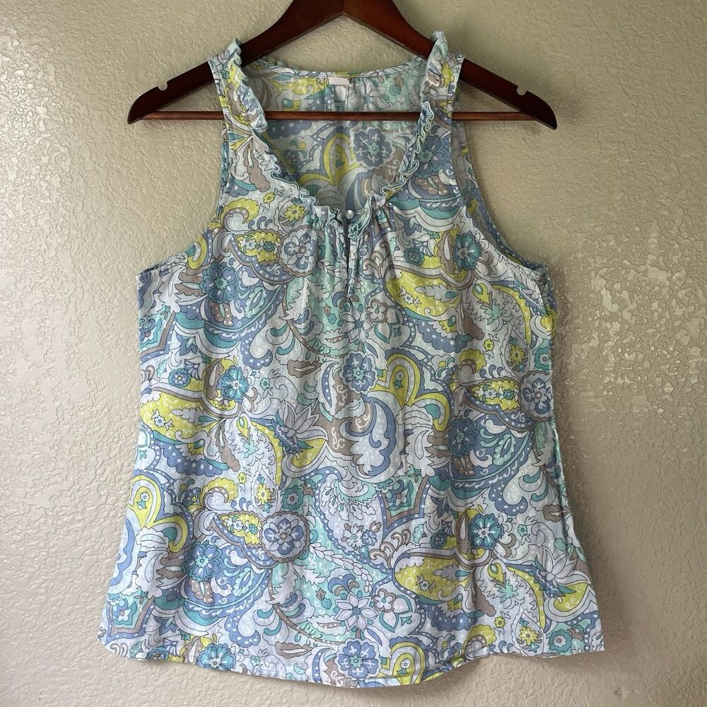 Vtg Y2K Old Navy Sleeveless Floral Paisley Top Blue Linen Cotton Medium Fairy